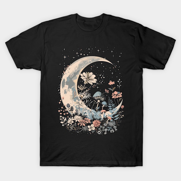 Cute Moon & Cottagecore Mushroom & Floral lovers  Magical Moon T-Shirt by RetroZin